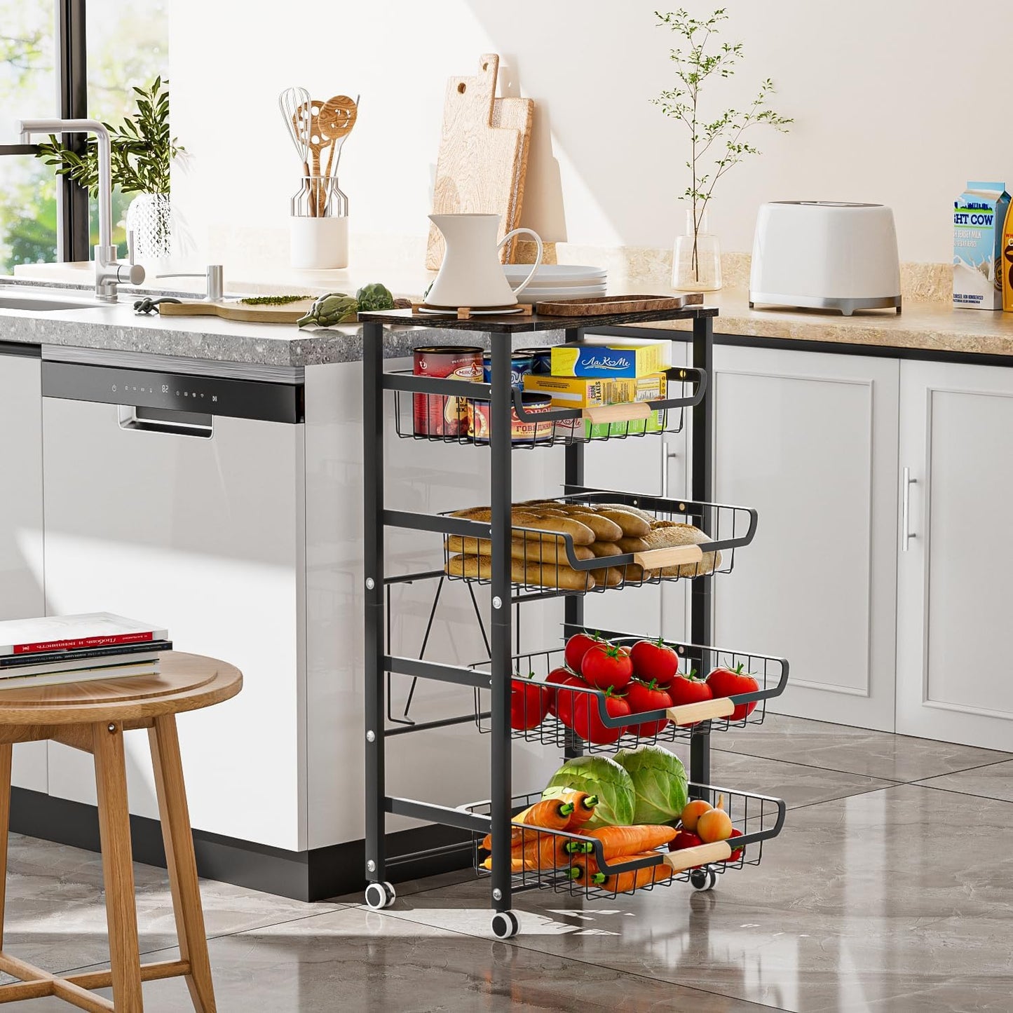 JAQ Fruit Basket for Kitchen, 5-Tier Slide Out Storage Baskets Carts Organizers Drawers with Wood Top Table with Rolling Wheels for Snacks Vegetables Vianderos para Cocina Modernos (Black, 5 Layer)