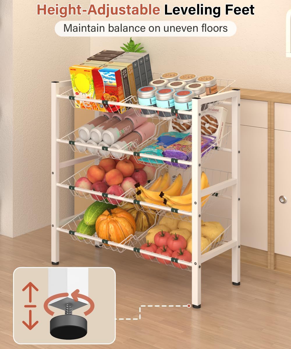 4-Tier Kitchen Storage Rack, Metal Pantry Storage Stand, Fruit Basket Stand with 8 Fruit Vegetable Baskets, Freestanding Snack Organizer Shelf Unit for Living Room, Office, Apartment, White