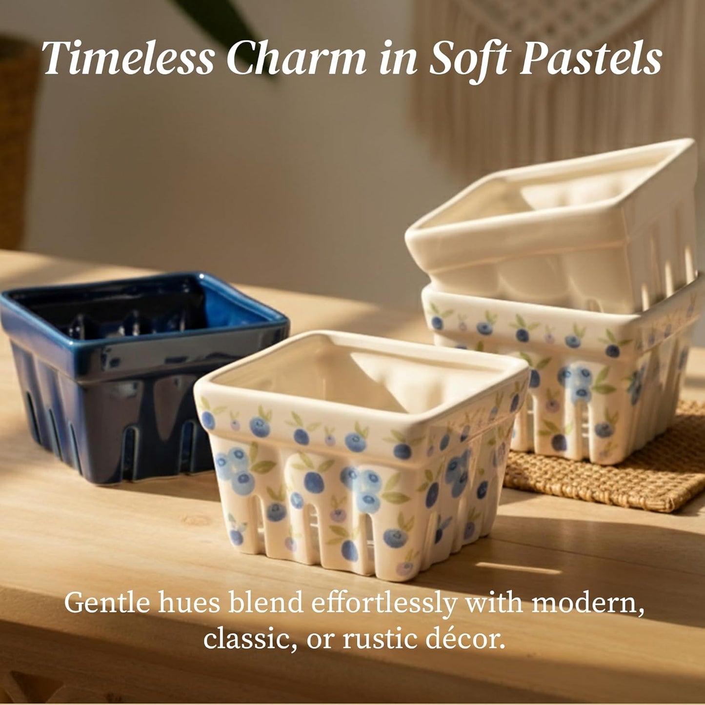 Ceramic Berry Basket, Farmhouse Colander, Farmers Market square Bowl. Rustic Kitchen decor fruit bowls, Fruit Baskets, Bleu White and Blueberry pattern Stoneware Harvest Bowls Set of 4