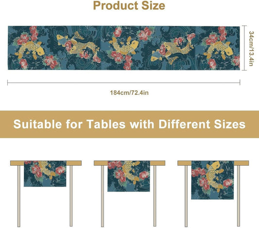 Asian Jio Fish Table Runner, Chinese Style Floral Oriental Table Runner for Holiday Party Kitchen Study Living Room Home Bedroom Blue Wave 13x36 Inch