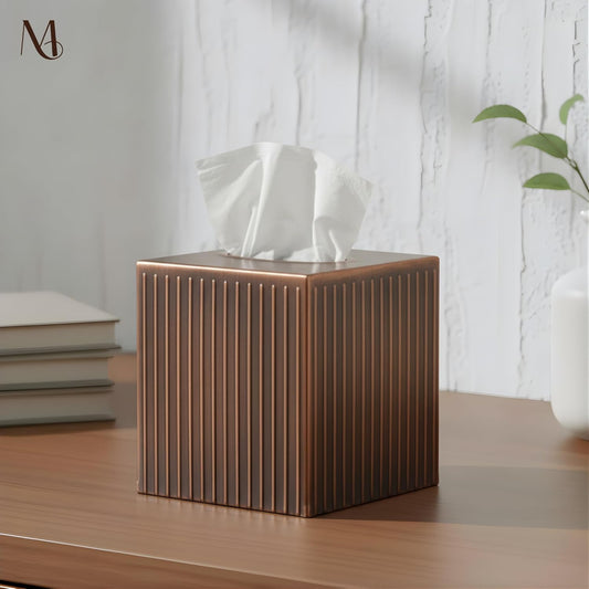 Monarch Abode Tissue Box Cover Square – Handcrafted Ridge Embossed Antique Copper Metal Tissue Holder Box for Bathroom Accessory, Aesthetic Decorative Facial Napkin Cube for Modern Home Decor