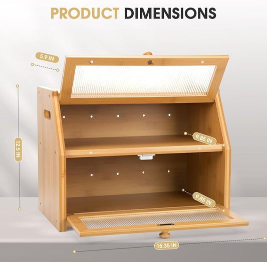 Large Bread Box for Kitchen Countertop, Wooden Bread Bin with Double Layer Storage and 0.6-inch Thick Natural Wood Panels, Rustic Bread Box Organizer for Kitchen (Natural Wood)