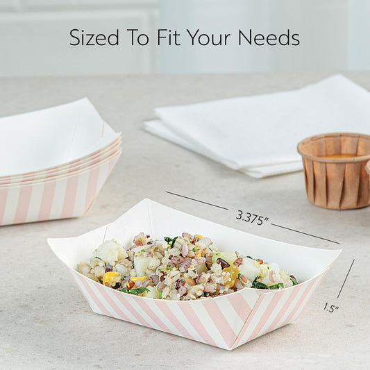 Restaurantware-Bio Tek 6 Ounce Boat Paper Boats, 50 Disposable #40 Food Trays - PE Lining, Durable, Pink And White Striped Paper Food Baskets, For Concession Stands, Picnics, or Fairs, Stackable