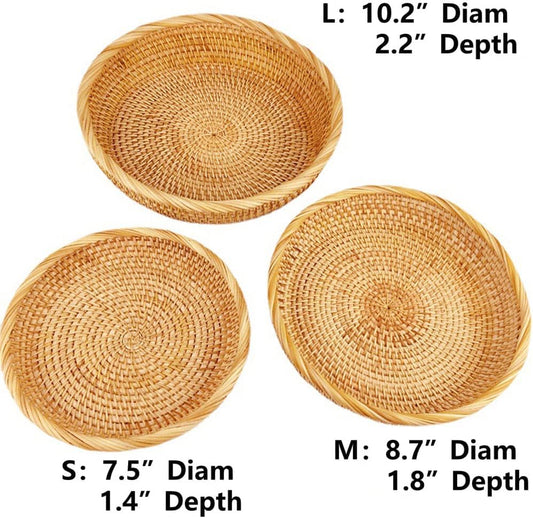 I-lan 3 Pack Round Bread baskets with 2" Wall, 11 Inch Rattan Fruit Basket with Rolled Edge, Decorative Natural Basket Wicker Bowl for Nuts, Candy Catch All Dish, Storage, Coffee Table, Brown, S M L