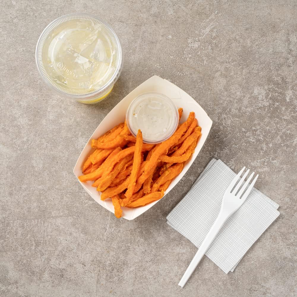 Restaurantware-Bio Tek 1/2 Pound Food Boats, 50 Disposable Paper Food Trays - Heavy-Duty, Greaseproof, White Paper Boats, For Snacks, Appetizers, Or Treats, Use At Parties Or Carnivals