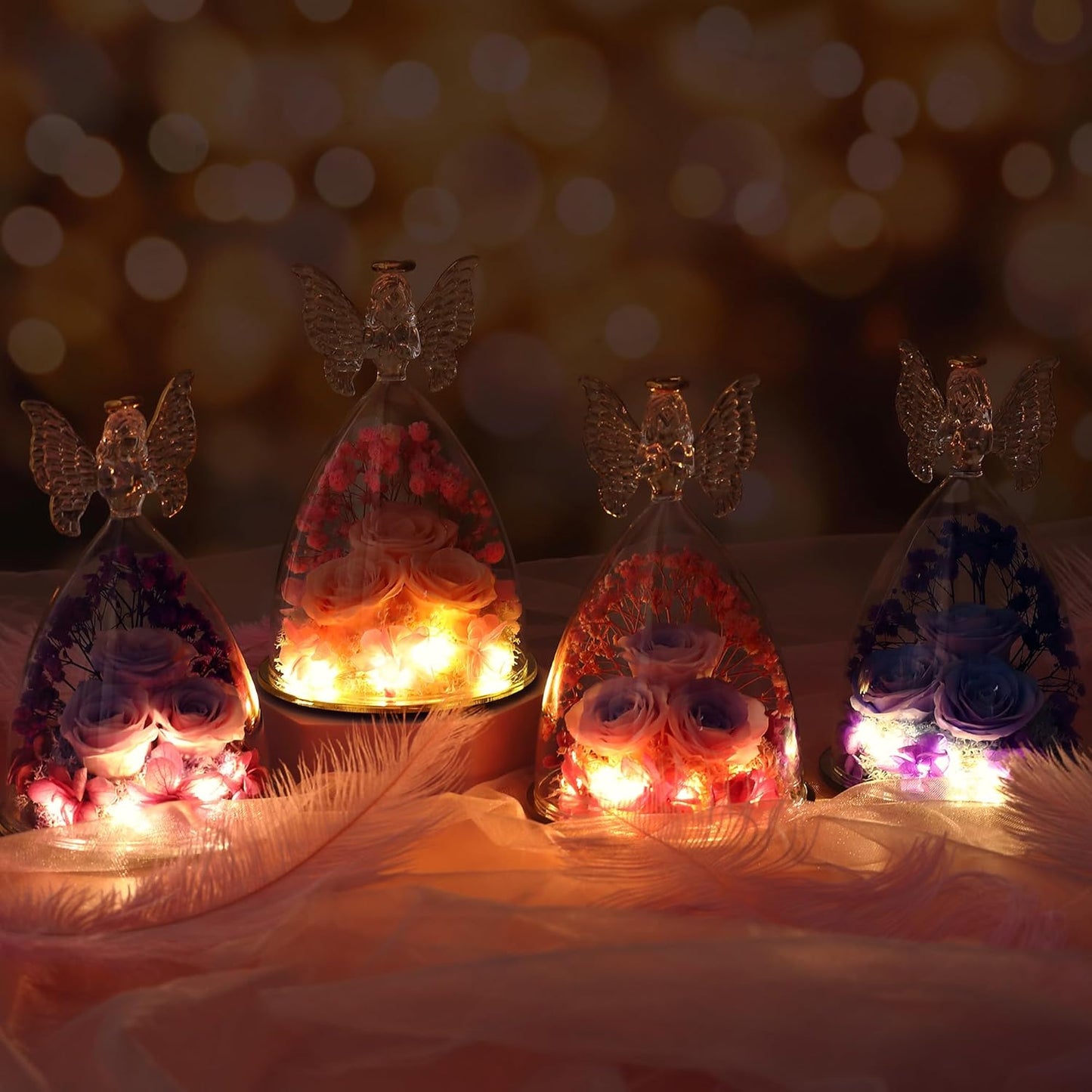 Mothers Day Mom Gifts for Women Preserved Flowers in Glass Angel Forever Flowers Gifts Eternal Roses Gifts for Grandma, PinkpurplePink