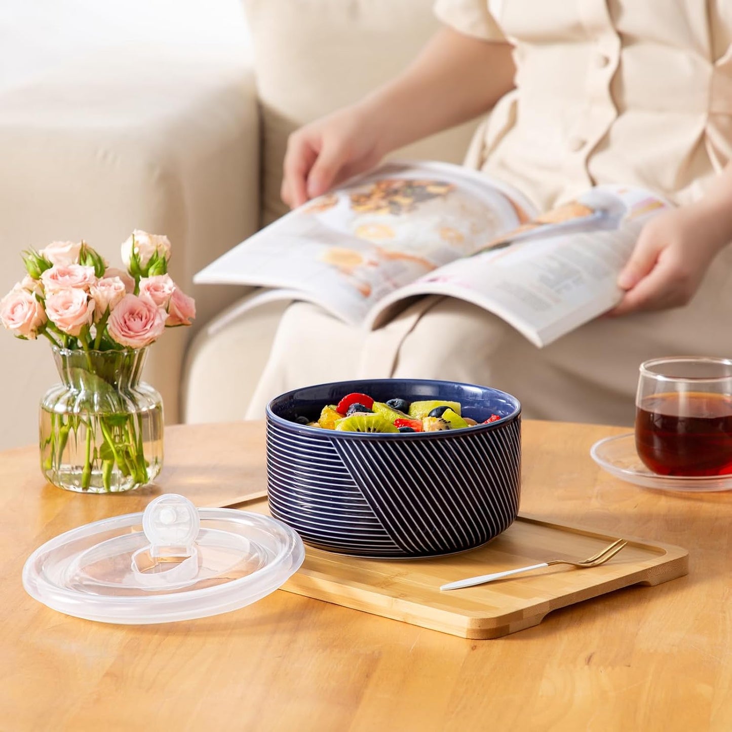 Large Ceramic Bowls with Lids: 32 oz Microwave Safe Food Storage Containers for Soup Salad Meal Prep Lunch Picnic Camping - 6 Inch, Set of 4 (Navy)