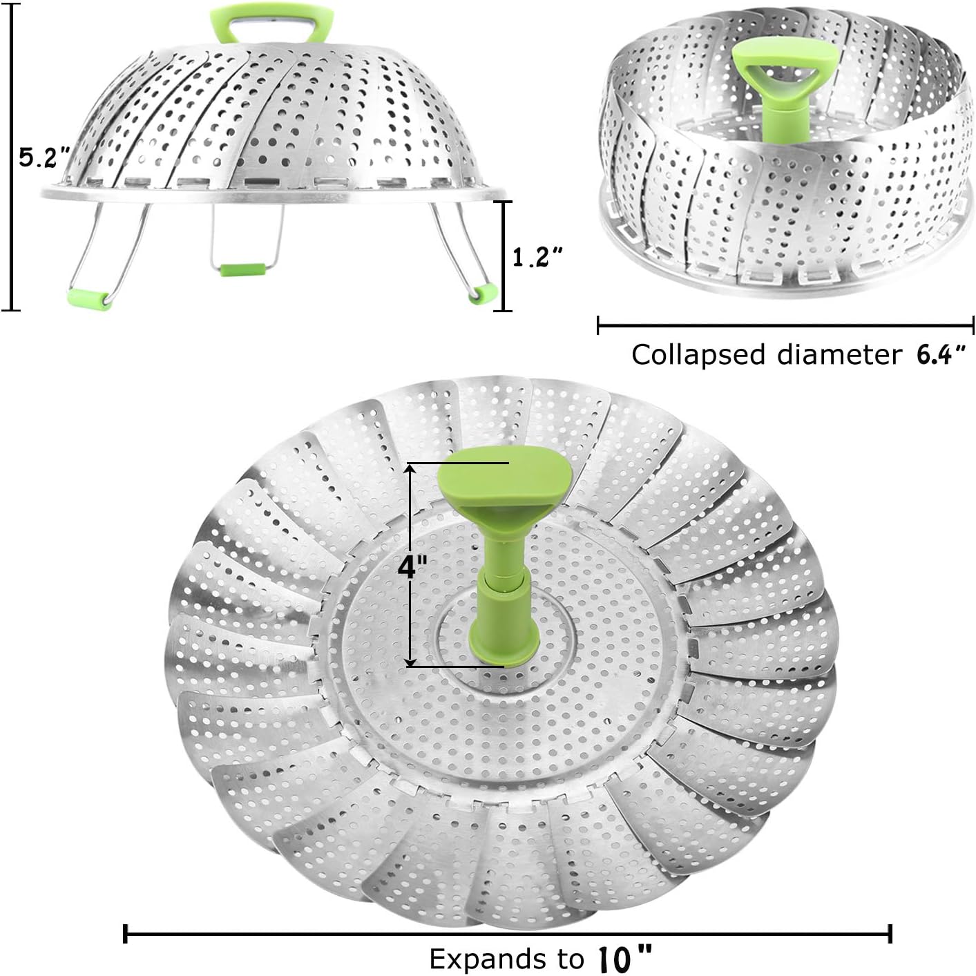 Consevisen Vegetable Steamer Basket for Cooking Food, Stainless Steel Veggie Steam Basket for Pot, Folding Expandable Steaming Insert with Extendable Handle Fits Various Size Pot, 6.4" to 10"