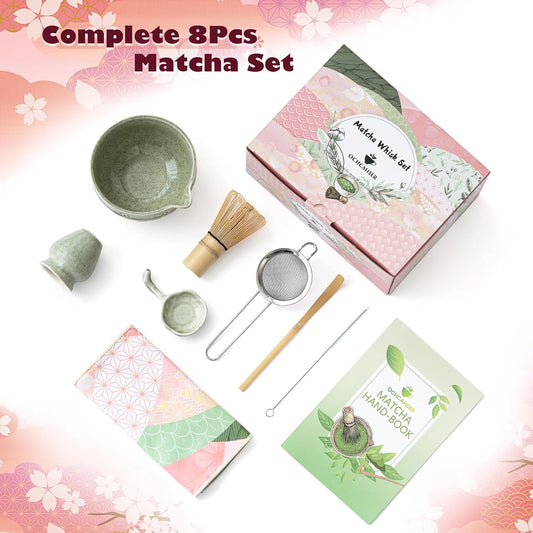 Matcha Tea Set, 8 Pcs Japanese Matcha Kit with Cherry Blossom and Wave Design Ceramic Bowl, Bamboo Whisk, Whisk Holder, Scoop, Sifter, Brush, Matcha kit Set for Matcha Lovers (Matcha Green)