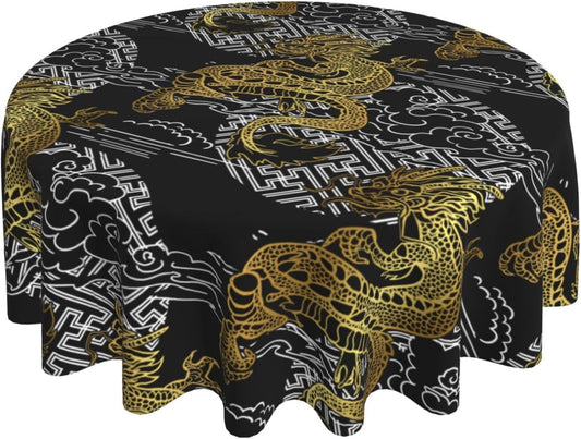 Japanese Tablecloth Round, Black Traditional Zodiac Dragon Vintage Asian Style Oriental Water Resisitant Table Cover for Dining Kitchen Living Room Home Party Holiday Decor 60 inch Round