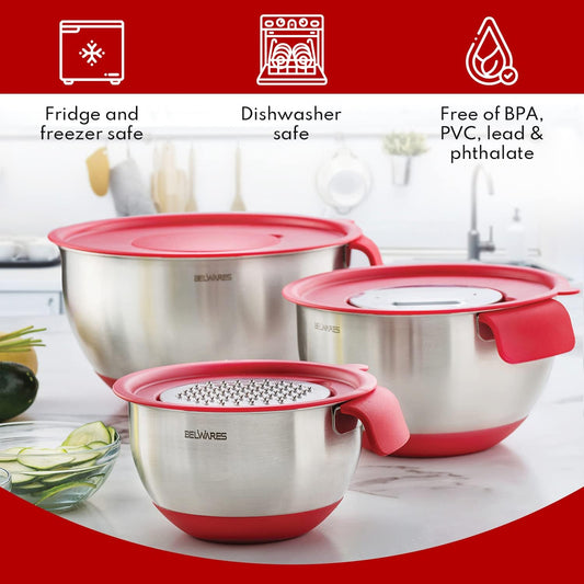 Belwares Mixing Bowls with Lids Set - 3-Piece Stainless Steel Nesting Bowls with Graters, Handles, and Airtight Lids - Non-Slip Mixing Bowls for Cooking, Baking, Prepping, and Food Storage (Red)