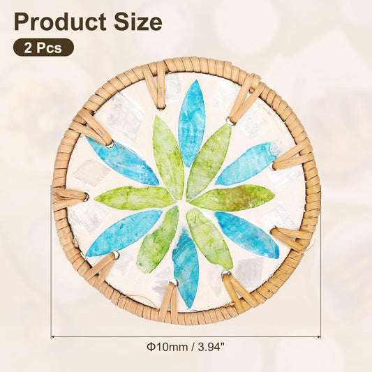 uxcell 2Pcs Handmade Woven Rattan Coasters, Heat-Resistant Drink Coasters for Coffee Table Dining Room Kitchen Coffee Wine Decor, Green Blue Petal
