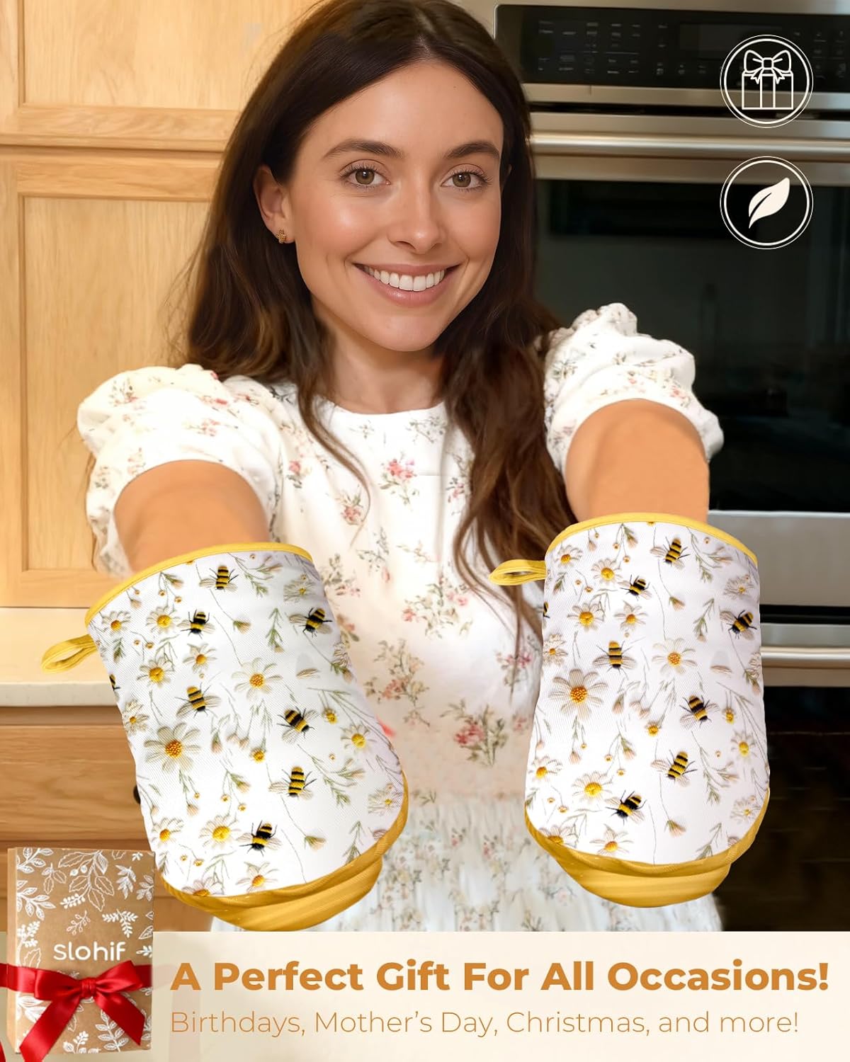 Slohif Bee Mini Oven Mitts Set – Yellow Extended Short Heat Resistant Kitchen Gloves for Women, 100% Cotton Oven Mitts with Silicone Grips, Non-Slip and Thick Durable for Cooking & Baking