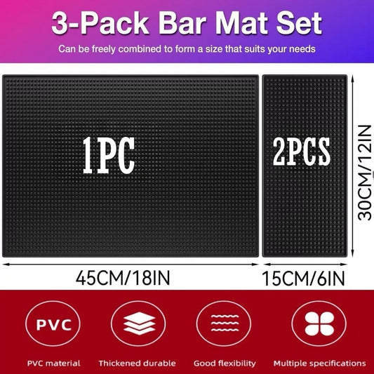 WANGCHAO 3 pcs Black 8mm Thick Anti-Skid Non-Toxic Rubber Bar Mat for Home Bar, Countertop, Restaurants, Coffee Bar - Premium Rubber Bar Service Spill Mat (3 Pack) (18 "x 12" +2PCS12 x 6")