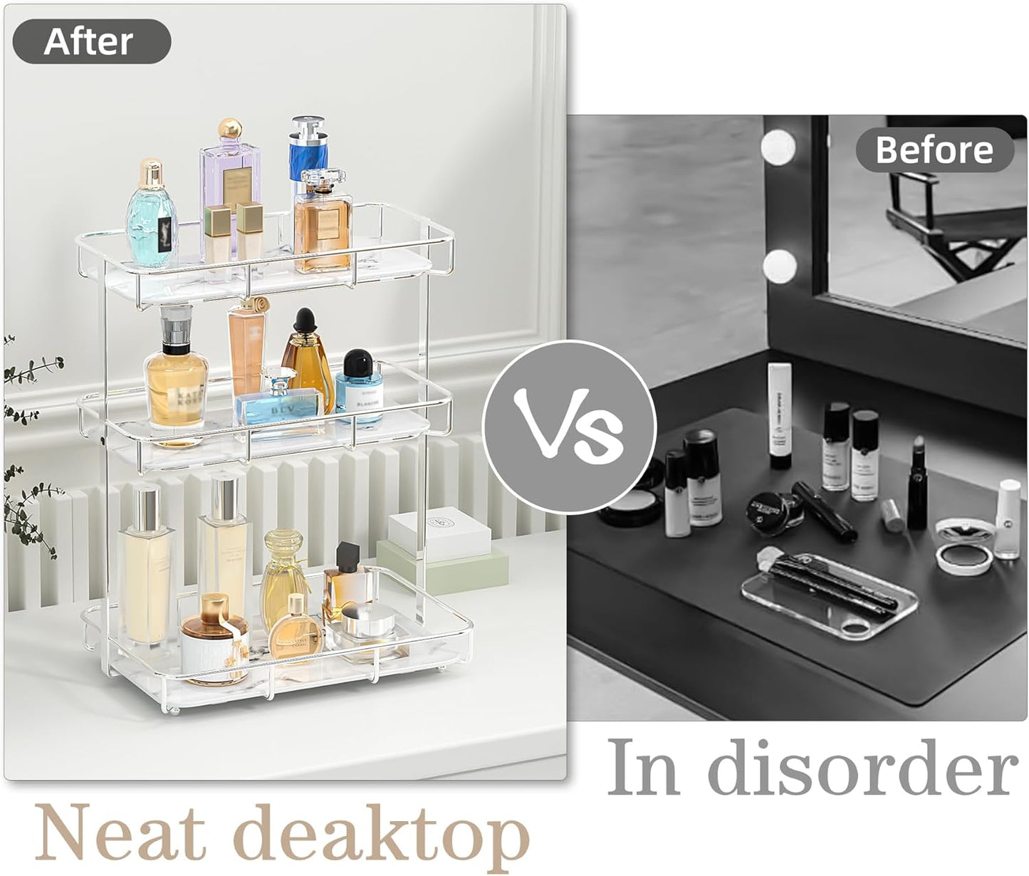Bathroom Organizer Countertop Perfume Organizer Makeup Organizer Cosmetics Storage Display Rack Vanity Tray Dresser Stainless Steel Gold Shelf White Marble Ceramic Tray