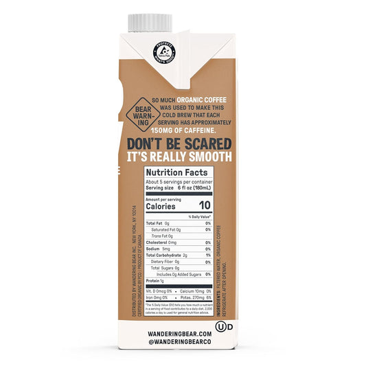 Wandering Bear Straight Black Organic Cold Brew Coffee - Extra Strong, Bold, Smooth, Unsweetened, Shelf-Stable, Ready to Drink, 100% Organic Iced Cold Brewed Coffee Drink - 32 fl oz, 6 pack