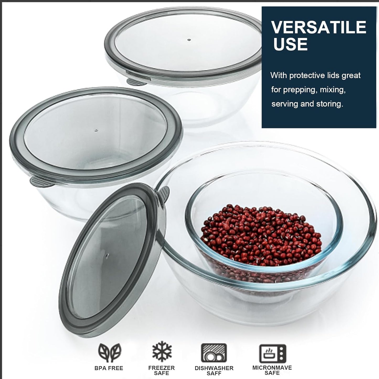 M MCIRCO Glass Mixing Bowls with Lids, 4 Packs Glass Bowl Set, Nesting Bowls for Meal Prep, Food Storage, Bowls For Cooking, Baking, BPA-Free, 0.8/1.7/2.9/4.8 Qt