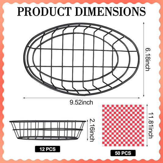 Hushee 12 Pcs Wire Bread Basket 9.5x6.2x2.2 Inch Halloween Candy Basket Oval Metal Dinner Roll Baskets for Serving Fruit Bowl with 50 Deli Wrapper Paper for Kitchen Fast Food(Black,Red White Plaid)