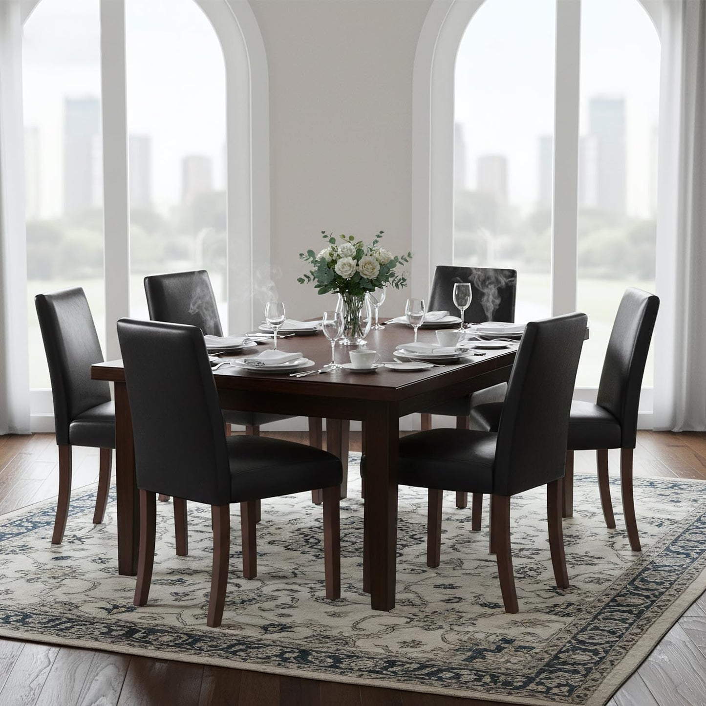 Dining Chairs Set of 6, Modern Faux Leather Dining Room Chair, Upholstered Parsons Kitchen Chairs for Restaurant & Cafe- Black