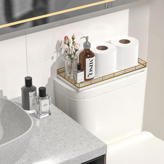 Bathroom Toilet Tank Tray, 13" Wood Toilet Paper Storage Basket Tray Back of Toilet Basket Organizer,Vanity Tray for Perfume Makeup Candle Decor, Gold & White