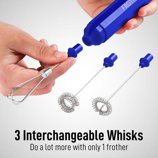 Zulay Froth N Go Milk Frother – Rechargeable 3-in-1 Handheld Frother Wand with Travel Case & USB-C Charger – Single, Double & Egg Whisk for Latte, Cappuccino, Matcha, Protein Shakes – Royal Blue