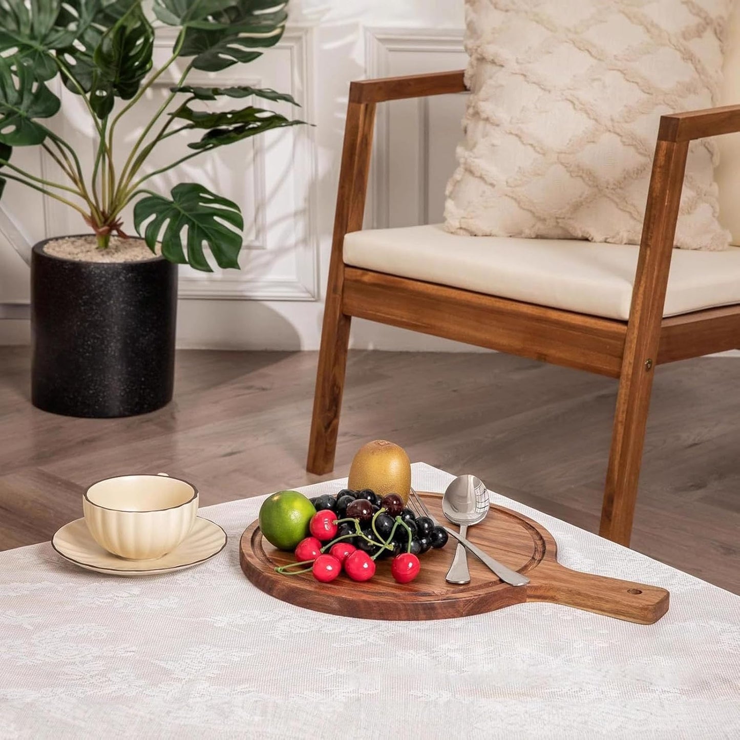 Pizza Cutting Board, Wood Charcuterie Boards, Round Cuttings Board for Woods Kitchen Utensils, Wood Cutting Board with Handle, Wooden Serving Tray for Pizza Bread Cheese Fruit Vegetables