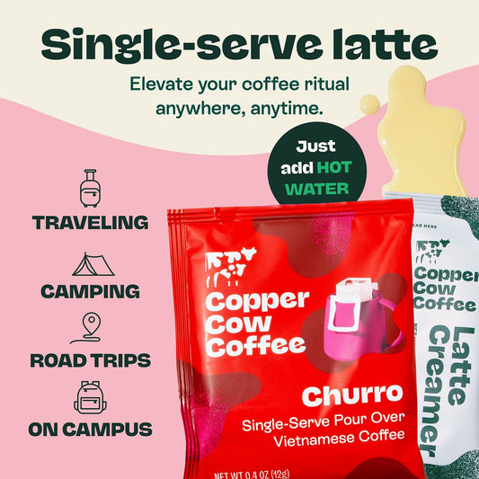 Copper Cow Vietnamese Coffee Variety Pack (15 Coffees & 15 Creamers)| Classic, Churro, & Vanilla Latte | Pour Over Single-Serve Lattes, No Refrigeration Needed, Travel Friendly Ground Coffee