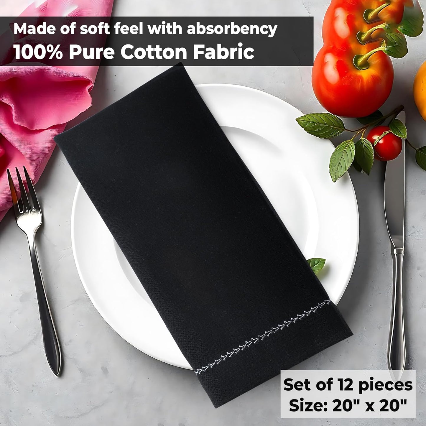 Urban Villa Cloth Napkin Set of 6 Hemstitch Black White 20x20 Inches Premium Soft Cotton Highly Absorbent Reusable & Washable Dinner Table Napkins for Home and Weddings