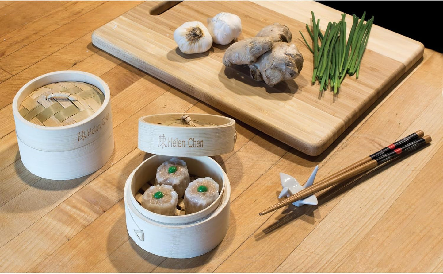 Helen's Asian Kitchen Bamboo Food Steamer with Lid - 100% Natural Bamboo - Basket Steamers for Cooking Dumplings, Dim Sum, Veggies, Fish, Meat - Preserve Nutrients & Flavors - 4-Inch, Set of 2