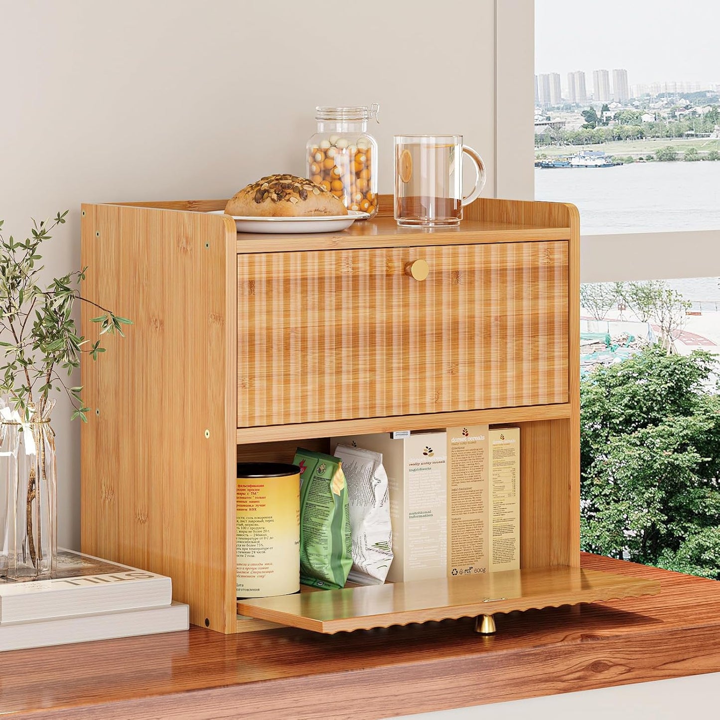 Rustic Bread Box for Kitchen Countertop Bamboo Bread Storage Container Bin Double Layer BreadBox Farmhouse Large Capacity Food Organizer (Natural Bamboo)