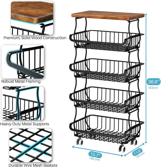 5 Tier Vegetable Fruit Basket for Kitchen, Stackable Metal Fruit and Vegetable Storage Baskets with Rolling Wheels Cart, Pantry organizers and storage for Kitchen Bathroom Livingroom Laundry room Cart