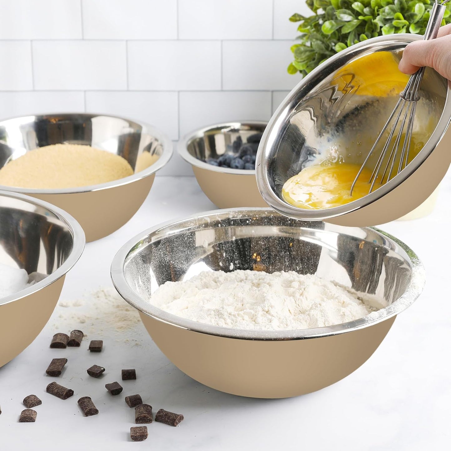 WHYSKO Meal Prep Stainless Steel Mixing Bowls Set, Home, Refrigerator, and Kitchen Food Storage Organizers | Ecofriendly, Reusable, Heavy Duty (Khaki)