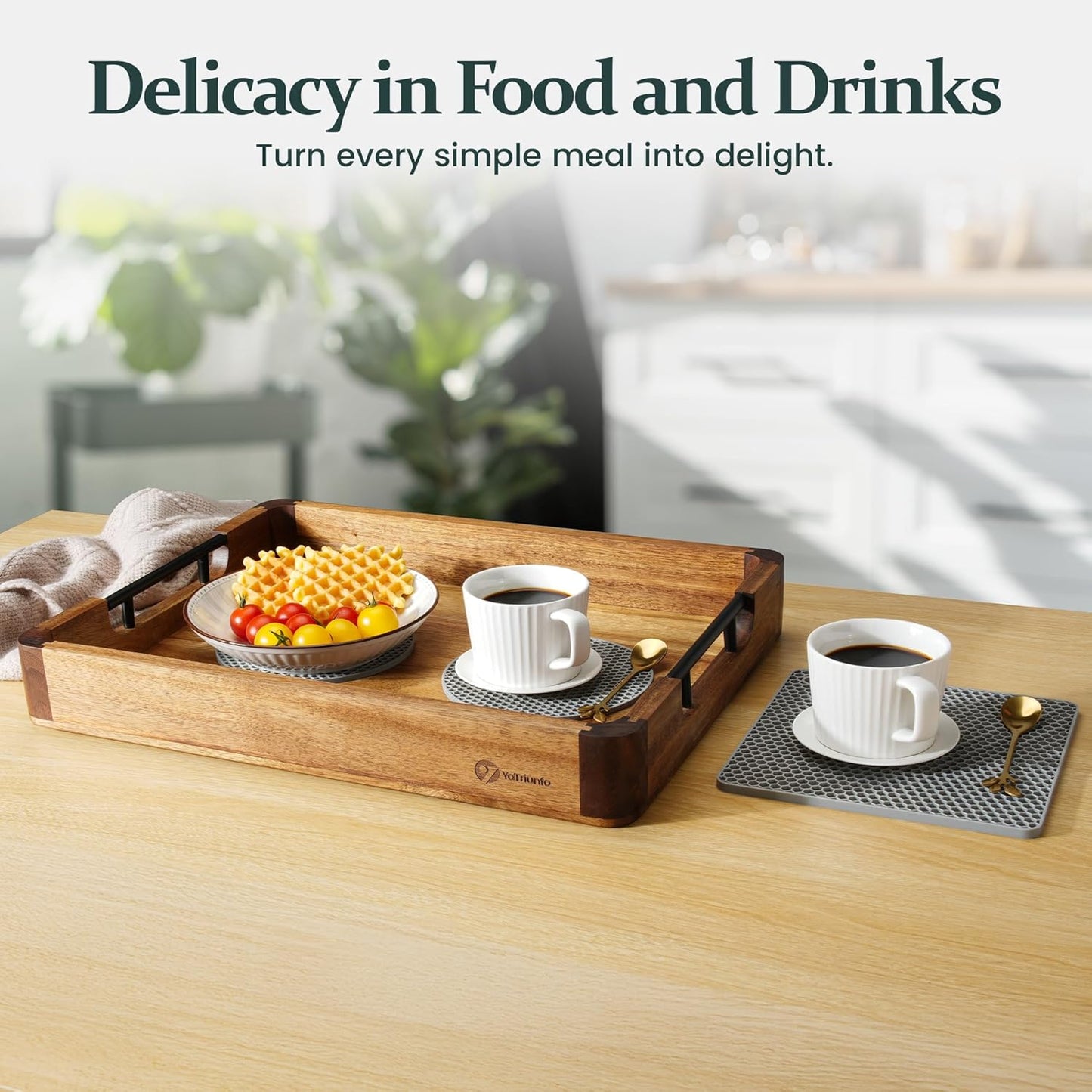 Wood Serving Tray with Handles, 17"x13" Large Decorative Ottoman Tray for Coffee Table, Walnut and Acacia Wooden Serving Trays for Party, Home Decor Rectangular Platters with 3 Silicone Mats