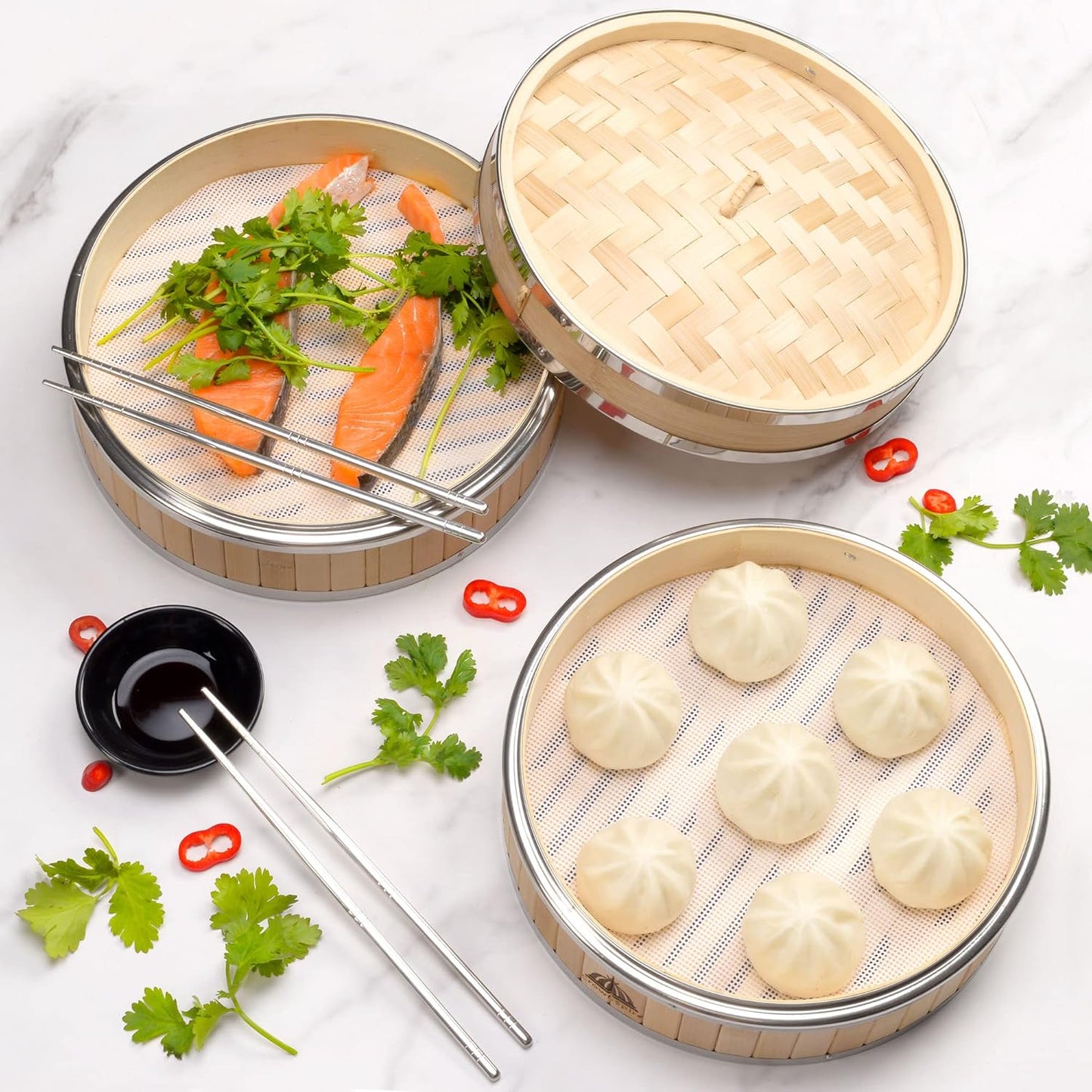 2 Tier Bamboo Steamer | Bamboo Steamer Basket with Reusable Silicone Liner | Food Dim Sum Kit for Cooking Baby Bao Bun, Rice, Vegetable, Fish and Meat