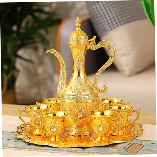 Turkish Tea Set Vintage Exquisite Golden Turkish Coffee Cup Set with Tray and 6 Cups for Home Party Decorations Kitchen Accessories
