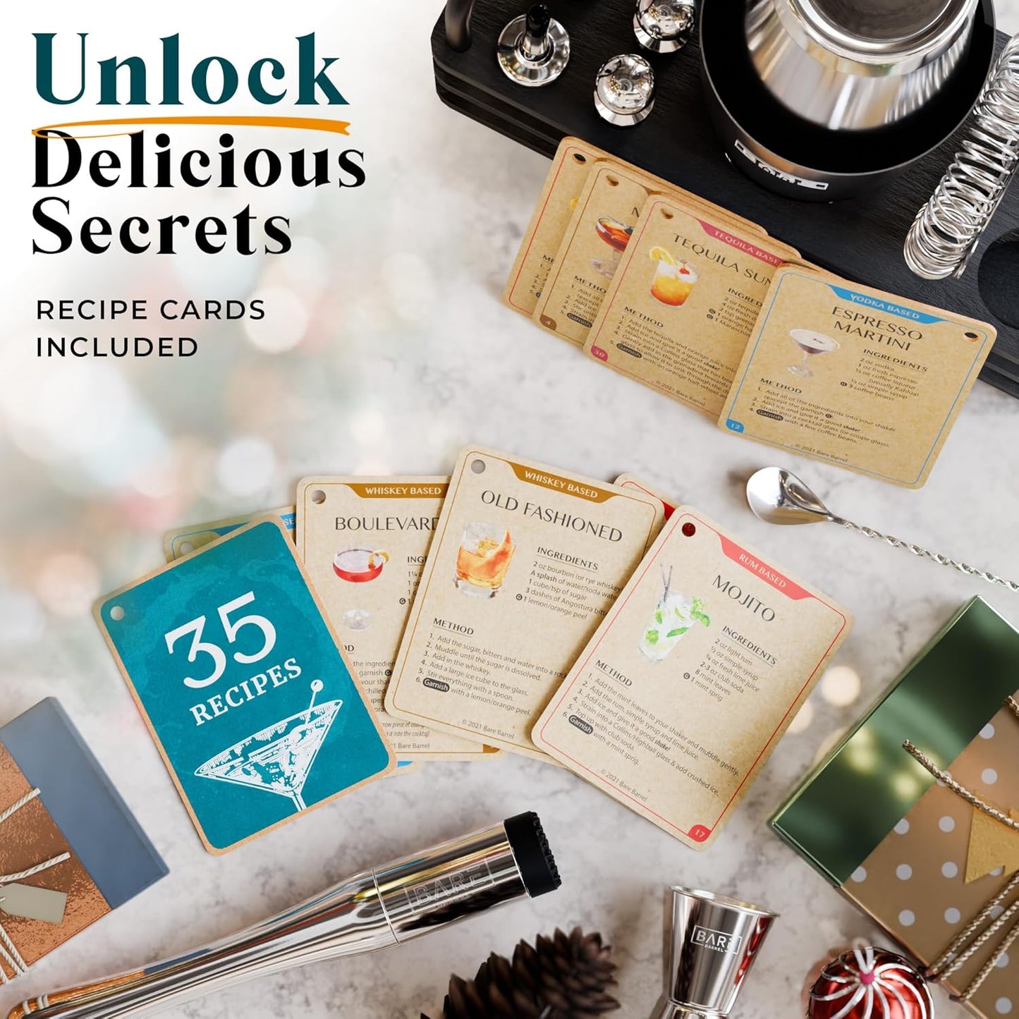 BARE BARREL® Mixology Bartender Kit Bar Set | 14-Piece Cocktail Shaker Set | Martini Barware Mixing Tools for Home Bartending | 35 Recipe Cards | Gift Set (28oz Boston Shaker, Silver/Black)