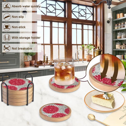 Wood Coasters Set of 6 with Holder, Cewiru Cup Mat for Drinks, Absorbent Coasters with Felt Insert for Coffee Table Protection, Modern Style Home Dining Table Decor, 4.3" Red