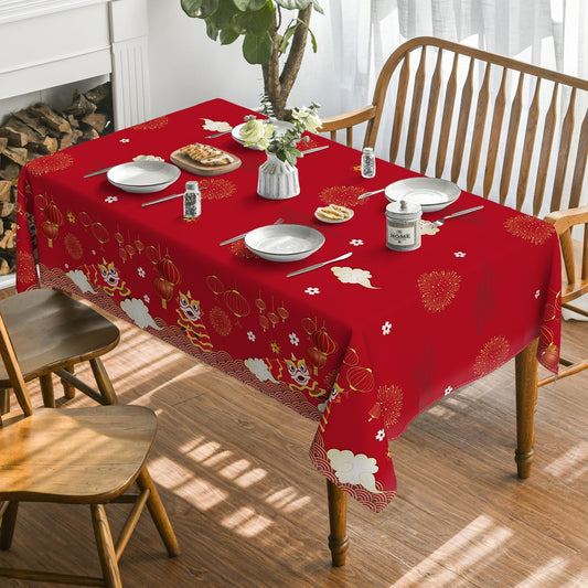 Horaldaily Newyear Tablecloth 52×70 Inch Rectangular, Chinese Lunar New Year Lion Dance Lantern Red Washable Table Cover for Party Picnic Dinner Decor