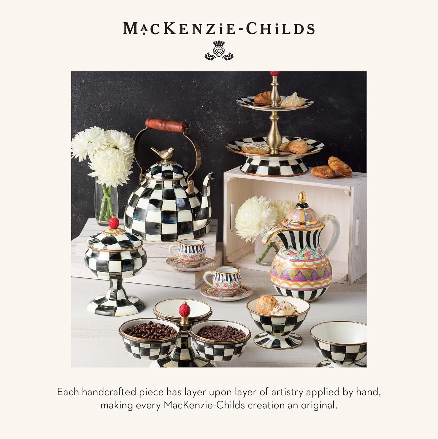 MACKENZIE-CHILDS Enamel Pinch Bowl, Small Bowl for Kitchen Ingredients, 1.5-Cup Capacity, Black-and-White Courtly Check