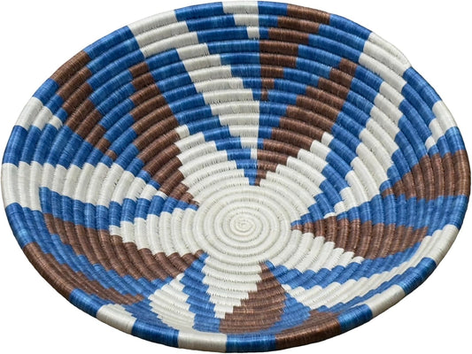 Handwoven African Basket Handmade sisal Fruit Bowl Wall Hanging decorative Baskets for Home Living Room Kitchen Centerpiece Zen Designs Arts and Crafts (Blue Brown Natural, 12in diameter)