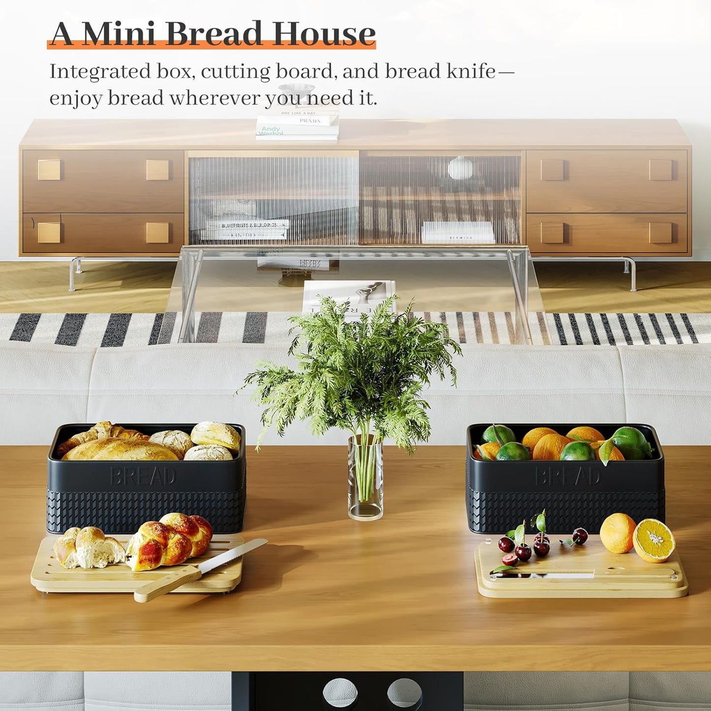 Bread Box for Kitchen Countertop - Metal Bread Storage with Bamboo Cutting Board Lid & Bread Knife, Corner Bread Container for Homemade Bread and Toast, Black