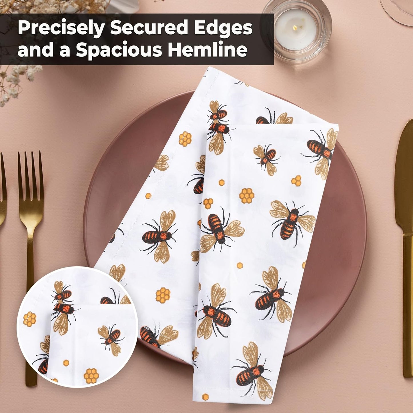 Urban Villa Dinner Napkins Honey Bee Print Cloth Napkins (Set of 12) Oversized 20x20 Inches 100% Cotton Premium Quality Soft Durable with Mitered Corners Reusable Washable Everyday Use Parties Napkins