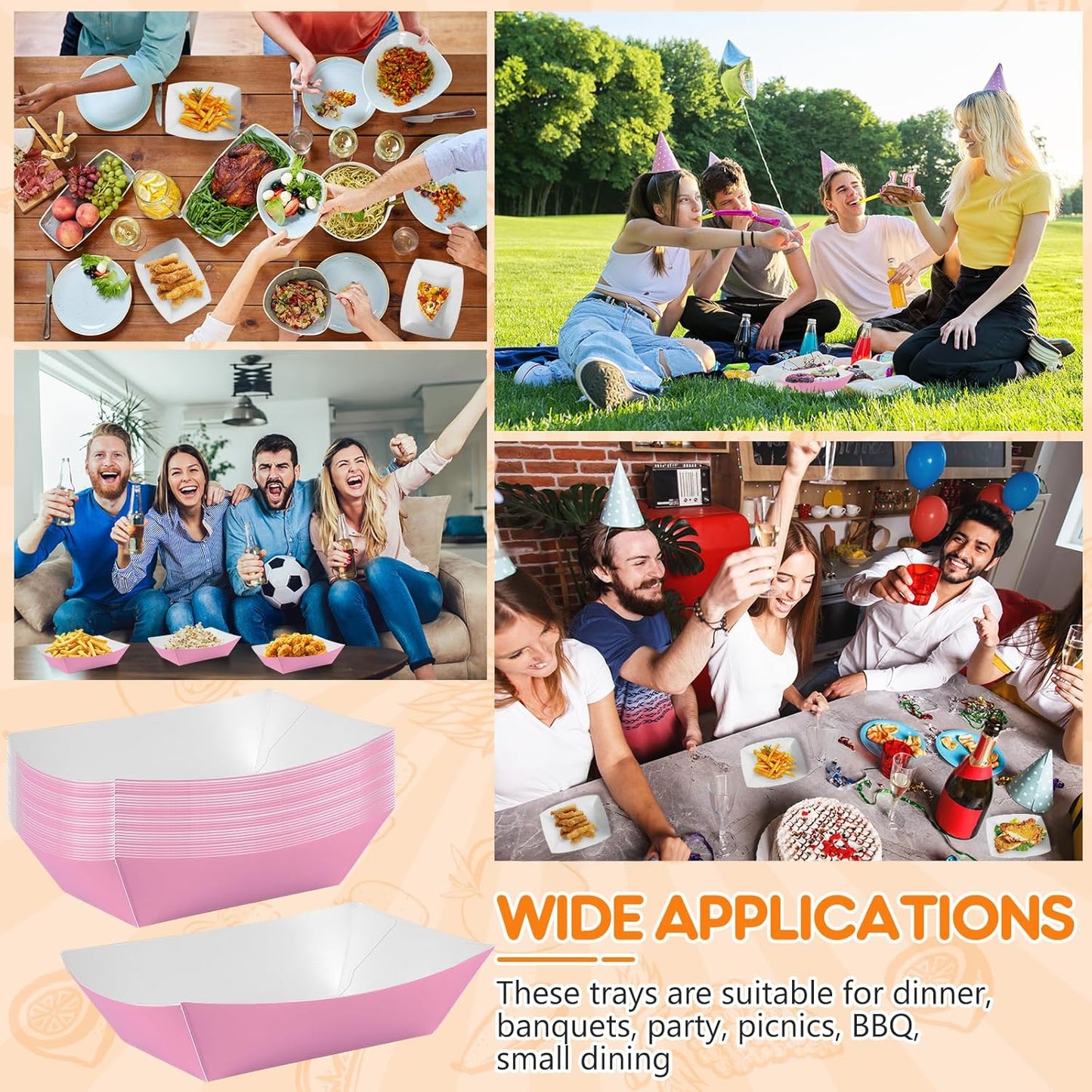 100 Pcs Pink Paper Food Tray Sturdy Disposable Food Boats Nacho Plates Disposable Serving Snack Trays for Catering, Party Birthday Supplies, and Food Service (Pink)