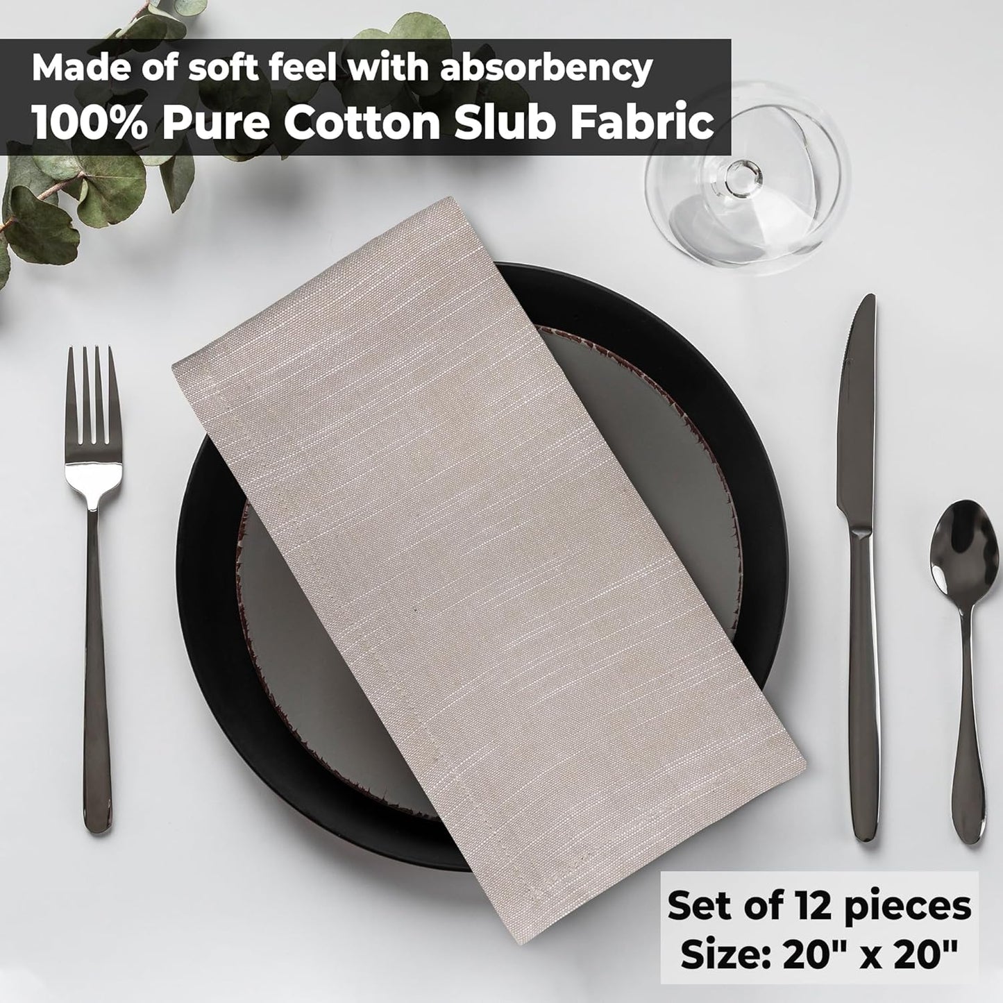 Urban Villa Cloth Napkins 100% Cotton Slub Absorbent Dinner Napkins (Set of 12) Oversized 20x20 Inches Beige White Chambray Soft Durable Reusable Washable Ideal for Everyday Use Premium Quality