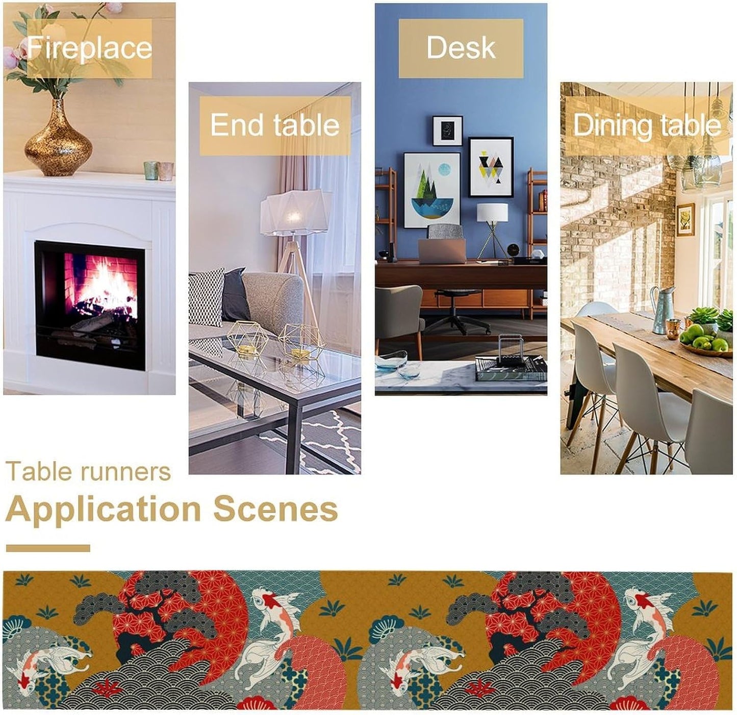 Japanese Koi Table Runner, Luxury Asian Style Oriental Line Art Abstract Geometry Cherry Blossoms Wave Traditional Elements Table Runner for Kitchen Home Party Dinner Set, 13x120 Inch