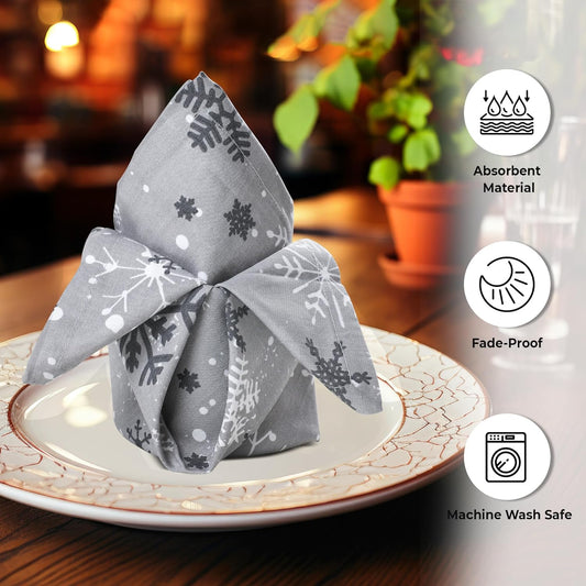 Urban Villa Christmas Dinner Napkins Grey Snowflake Print Cloth Napkins Set of 12 Size 20x20 Inches 100% Cotton Dinner Napkins for Christmas Celebrations Wedding Parties Everyday use Soft Quality