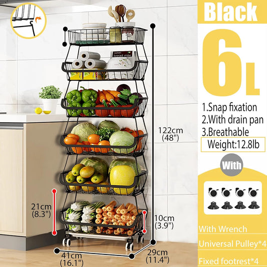 MURRI&MURRDI Fruit Vegetable Storage Baskets with Wheels, 6 Tier Stackable Wire Storage Baskets, Tall Standing Produce Kitchen Rack, Narrow Rolling Cart for Pantry Snack Onion Potato, Black