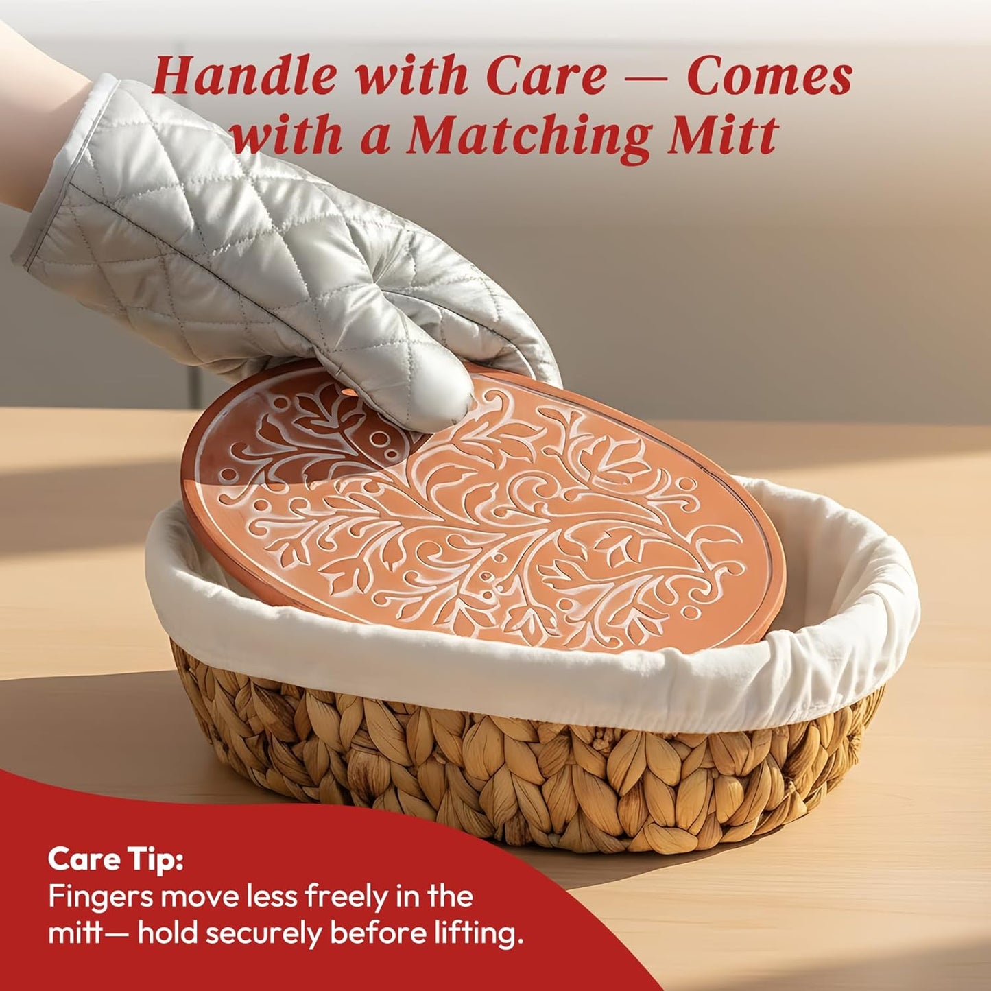 Bread Baskets for Serving with Stone (Large Oval 13.8 x 9.5) - Bread Basket with Warming Stone for Rolls & Tortillas, Gift for Bakers, Sourdough Lovers, Hostess, New Homeowner