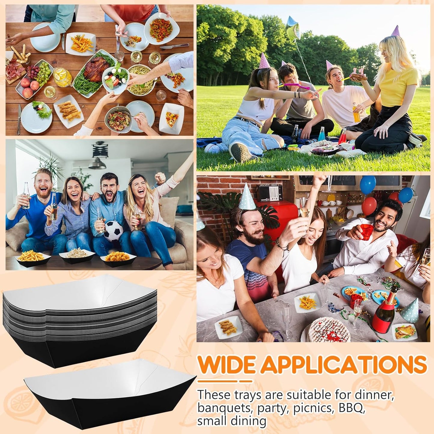 100 Pcs Black Paper Food Tray Sturdy Disposable Food Boats Nacho Plates Disposable Serving Snack Trays for Catering, Party Birthday Supplies, and Food Service (Black)