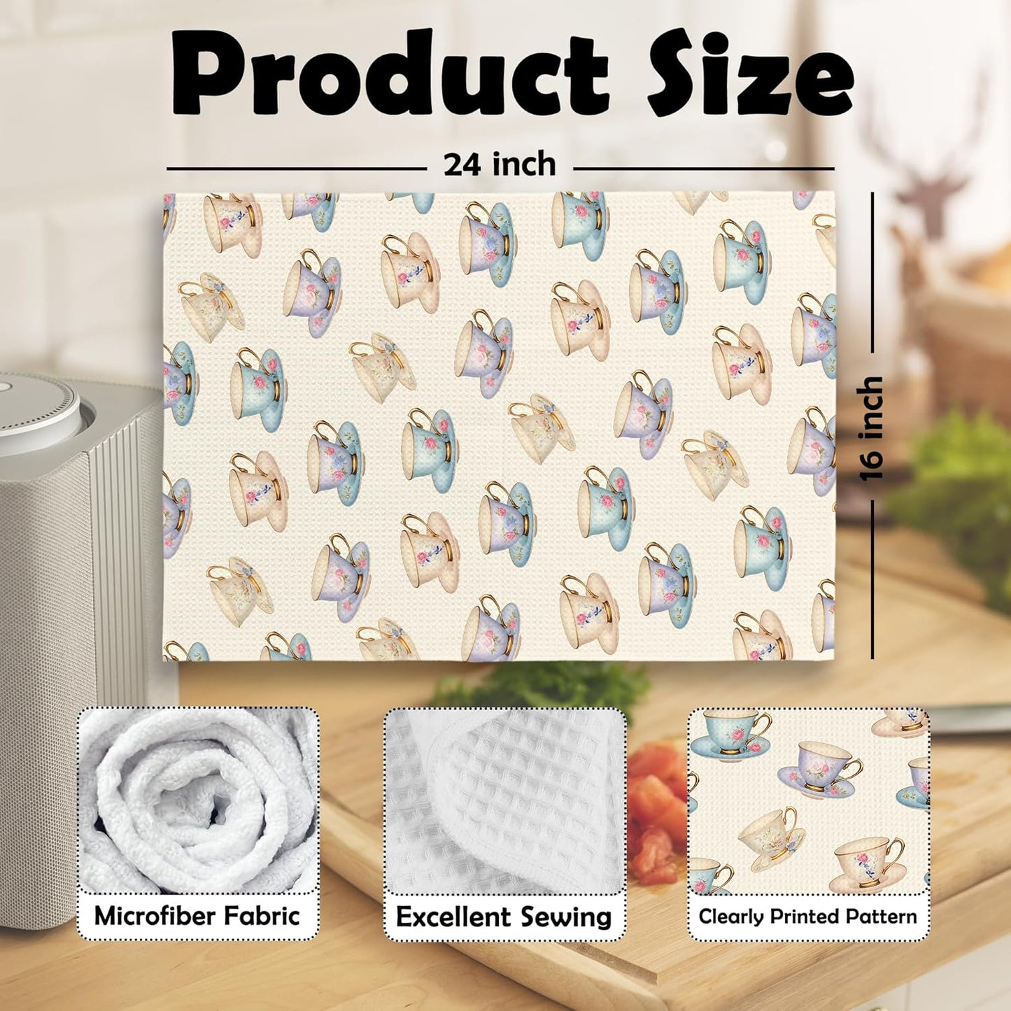 Vintage Spring Floral Teacups Kitchen Dish Towels, Retro Tea Coffee Lovers Gifts for Women Girls, Tea Time Decor, Roses Flower Cups Hand Towels Kitchen Teas Towels Decorations, 16x24inch